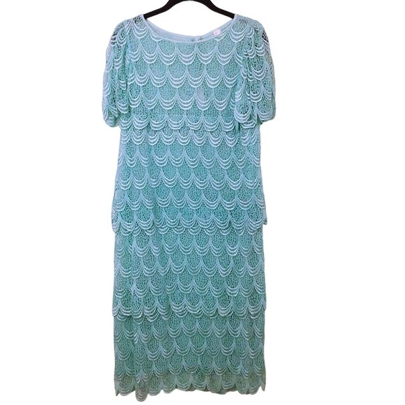 Vintage 70-80s Sheer Scalloped Lace Dress 6/8 Flutter Sleeve Snap-Back Turquoise - Picture 11 of 11